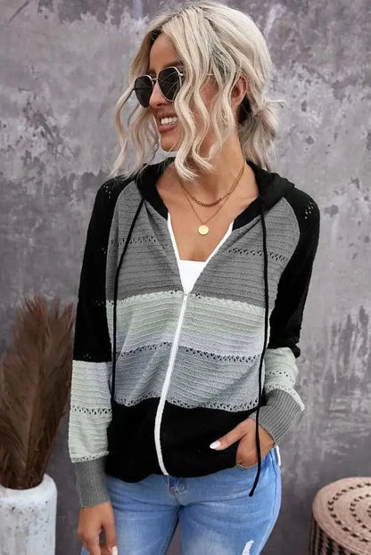 Zip-Up Raglan Sleeve Openwork Hooded Cardigan - Bad Moms Club