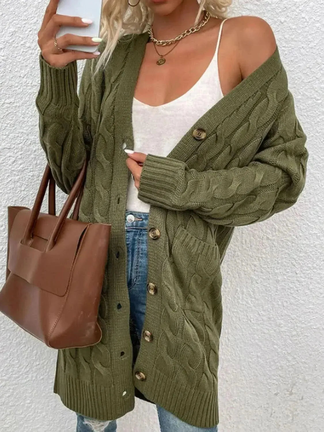 Cable-Knit Button Down Cardigan with Pockets - Bad Moms Club