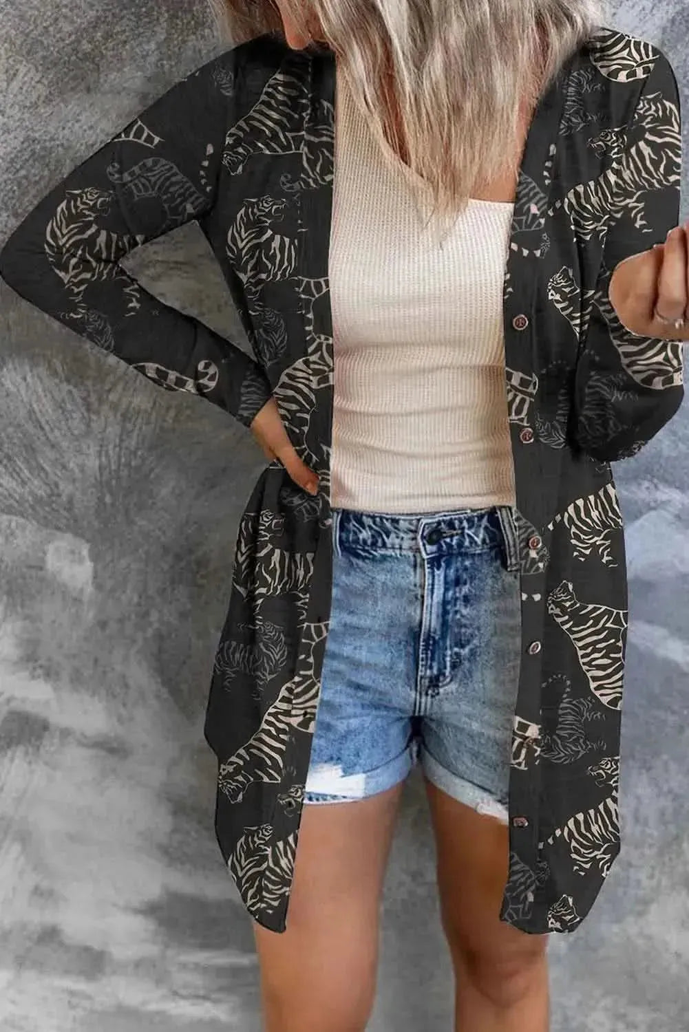 Tiger Print Button Up Long Sleeve Cardigan - Bad Moms Club