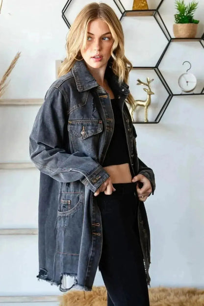Veveret Button Up Distressed Frayed Hem Denim Jacket - Bad Moms Club