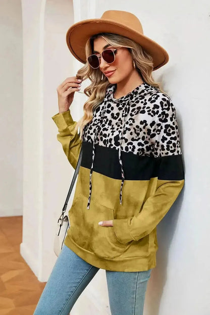 Leopard Drawstring Hoodie with Pocket - Bad Moms Club