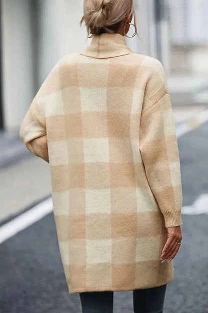 Plaid Dropped Shoulder Cardigan with Pocket - Bad Moms Club
