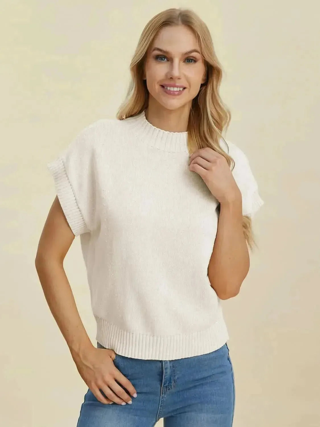 Double Take Full Size Mock Neck Short Sleeve Sweater - Bad Moms Club