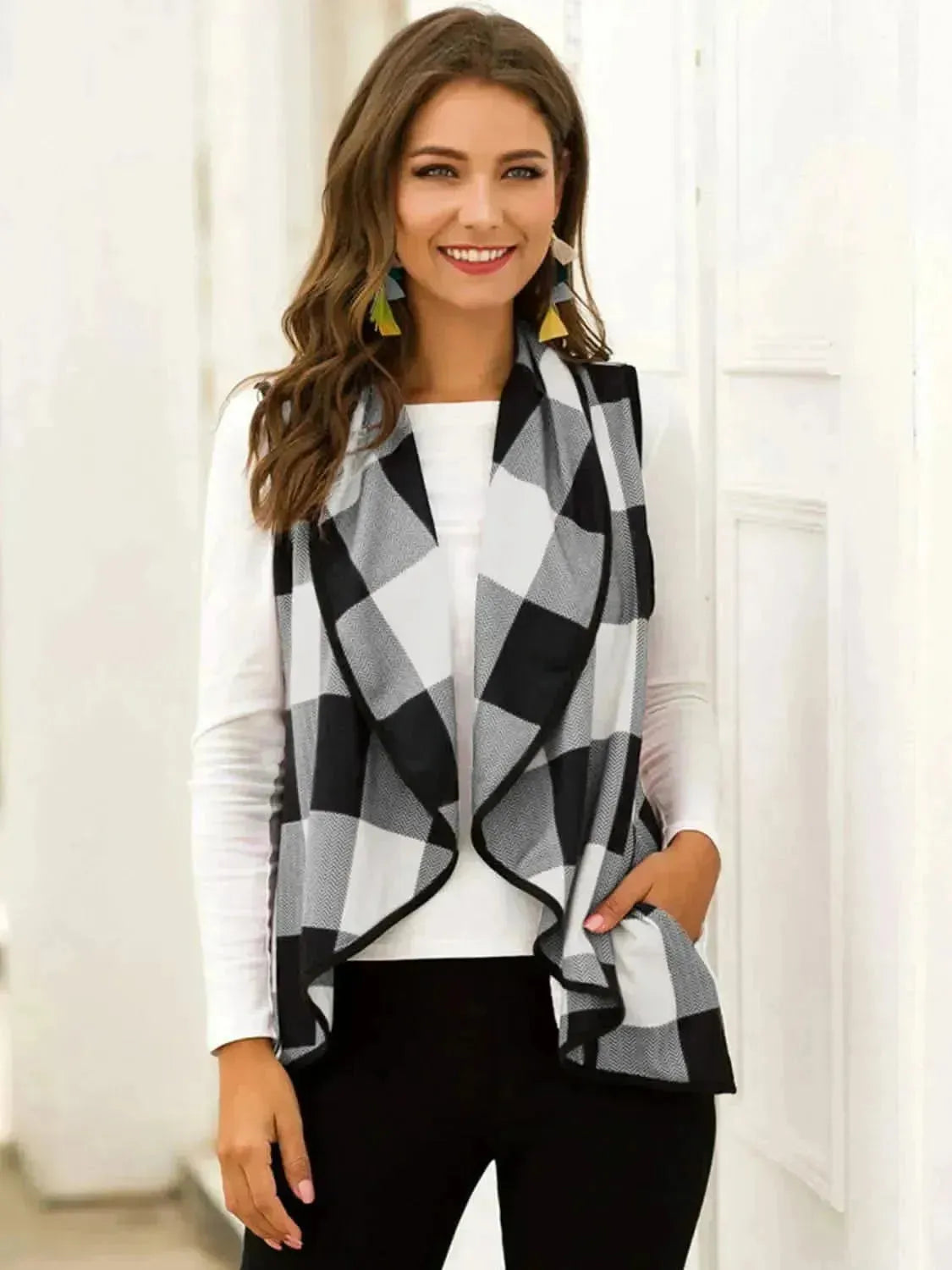Plaid Open Front Sleeveless Cardigan - Bad Moms Club