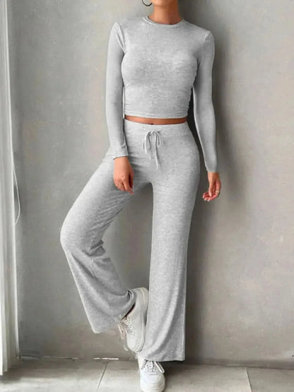 Round Neck Long Sleeve Top and Drawstring Pants Set - Bad Moms Club