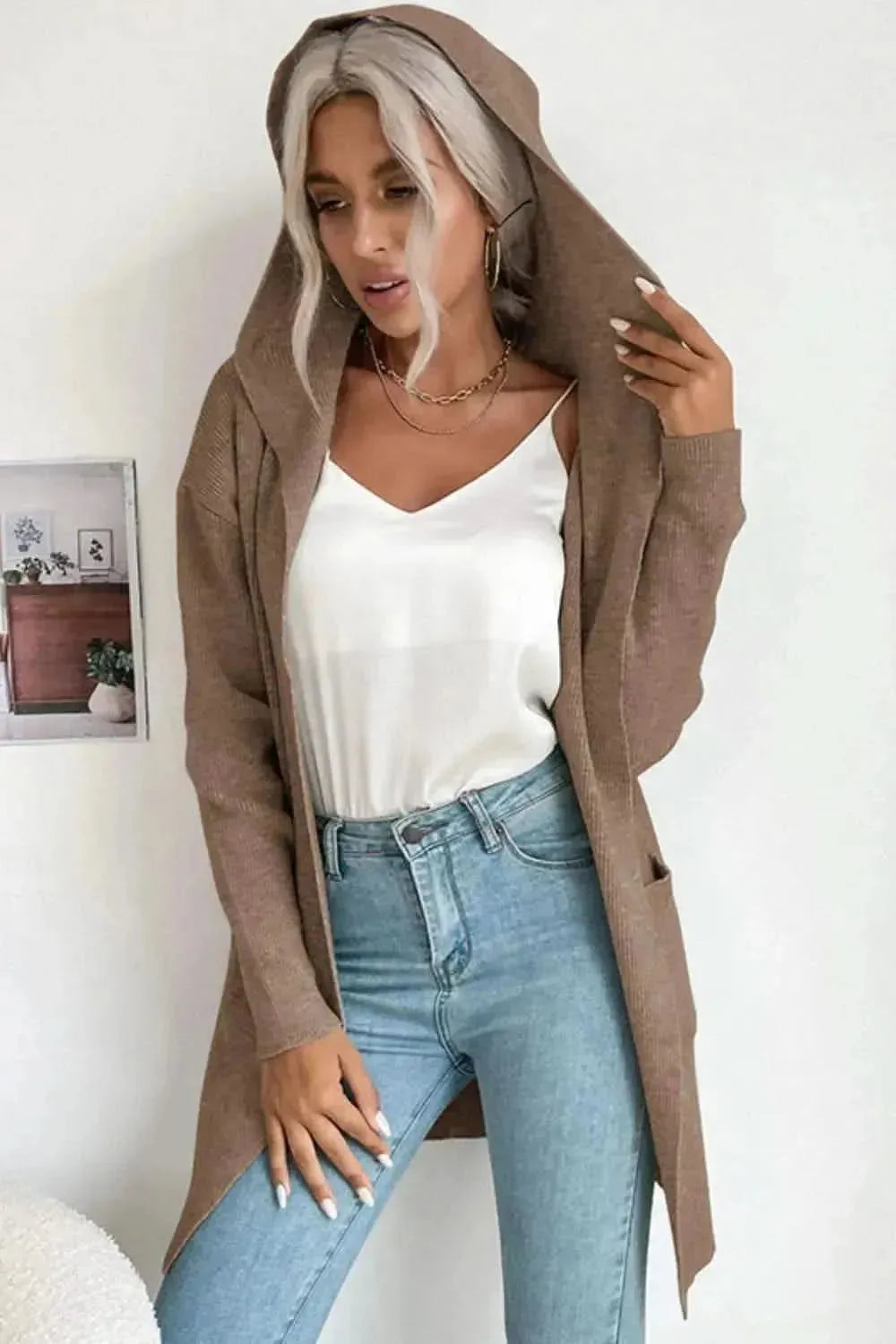 Ribbed Open Front Hooded Cardigan with Pockets - Bad Moms Club