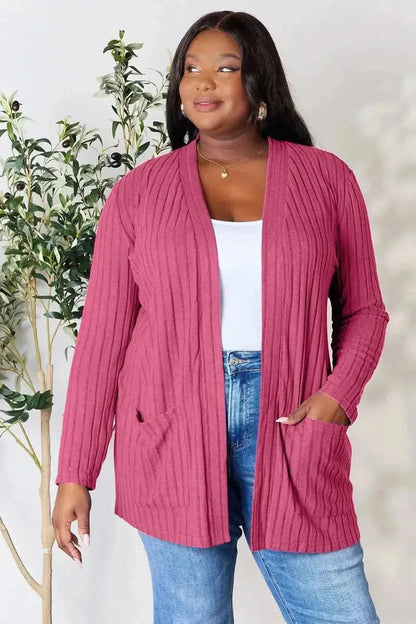 Basic Bae Full Size Ribbed Open Front Cardigan with Pockets - Bad Moms Club