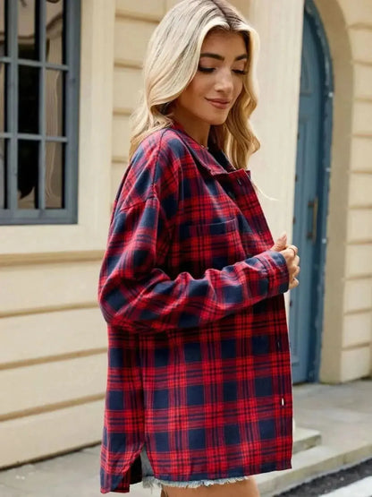 Plaid Collared Neck Long Sleeve Shirt - Bad Moms Club