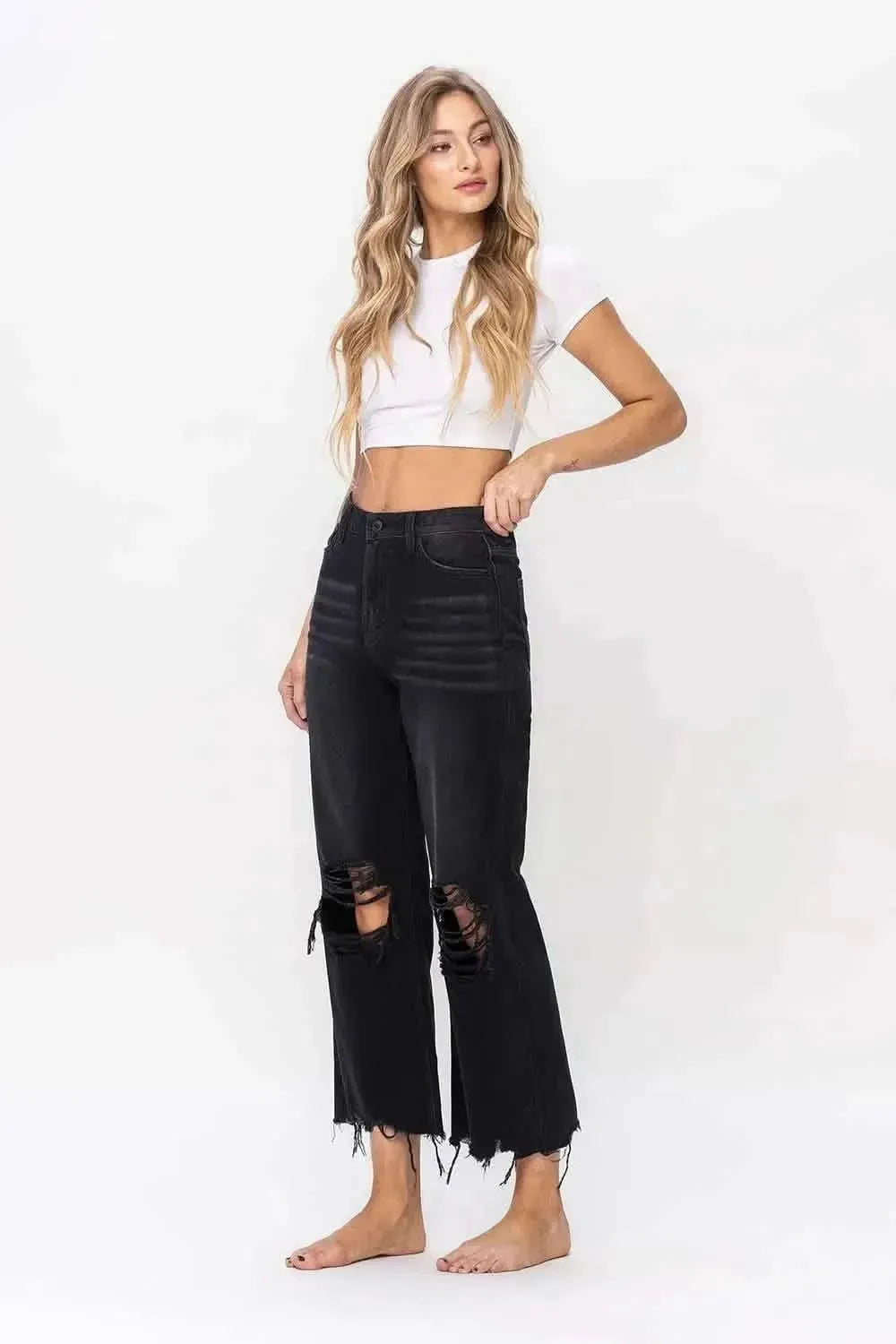 Vervet by Flying Monkey Vintage Ultra High Waist Distressed Crop Flare Jeans - Bad Moms Club