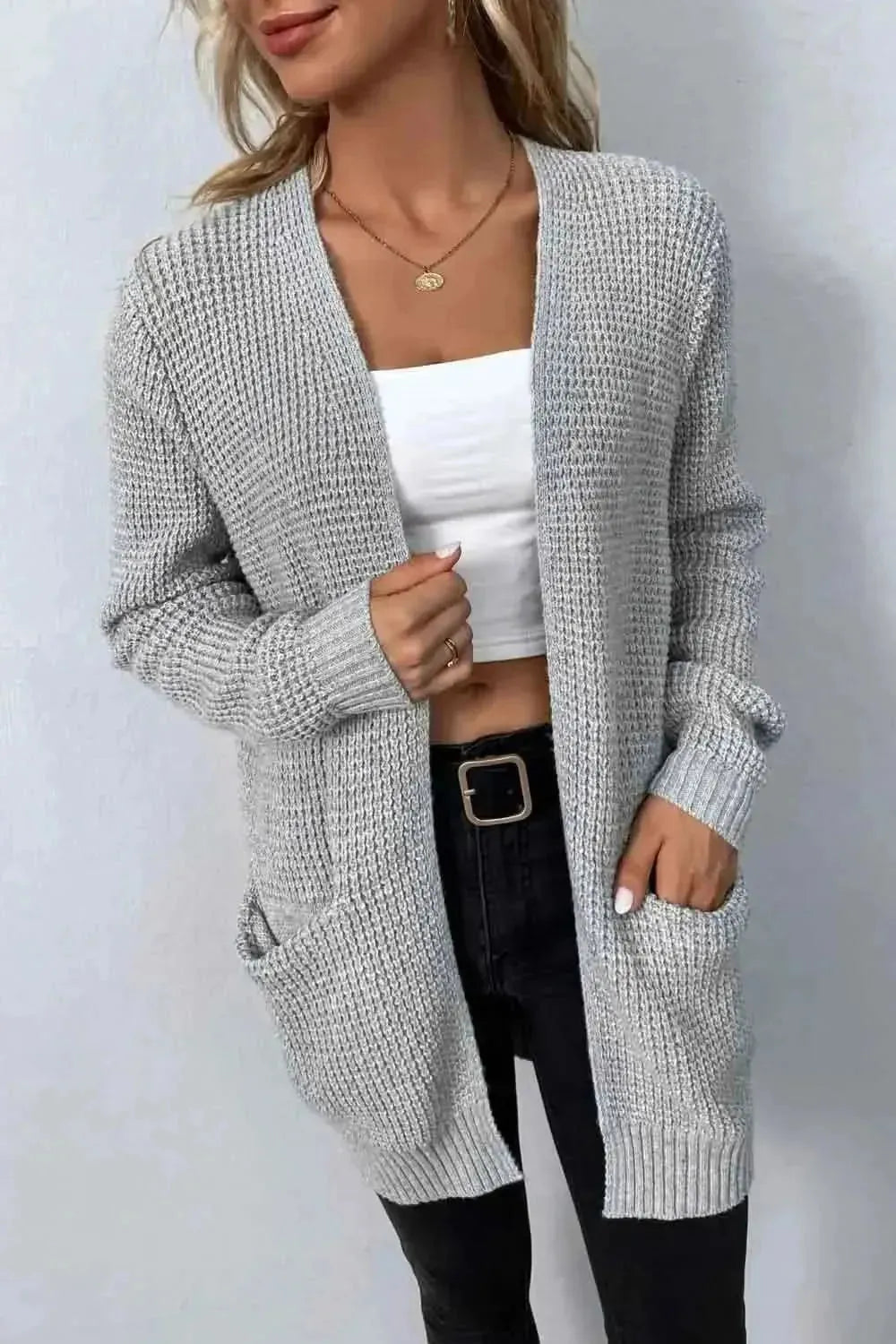 Rib-Knit Open Front Pocketed Cardigan - Bad Moms Club