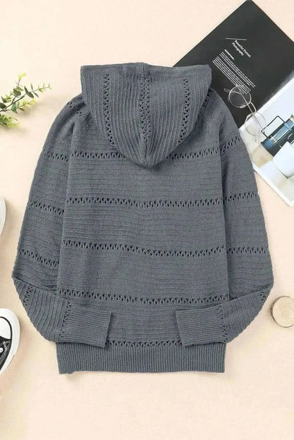 Zip-Up Raglan Sleeve Openwork Hooded Cardigan - Bad Moms Club