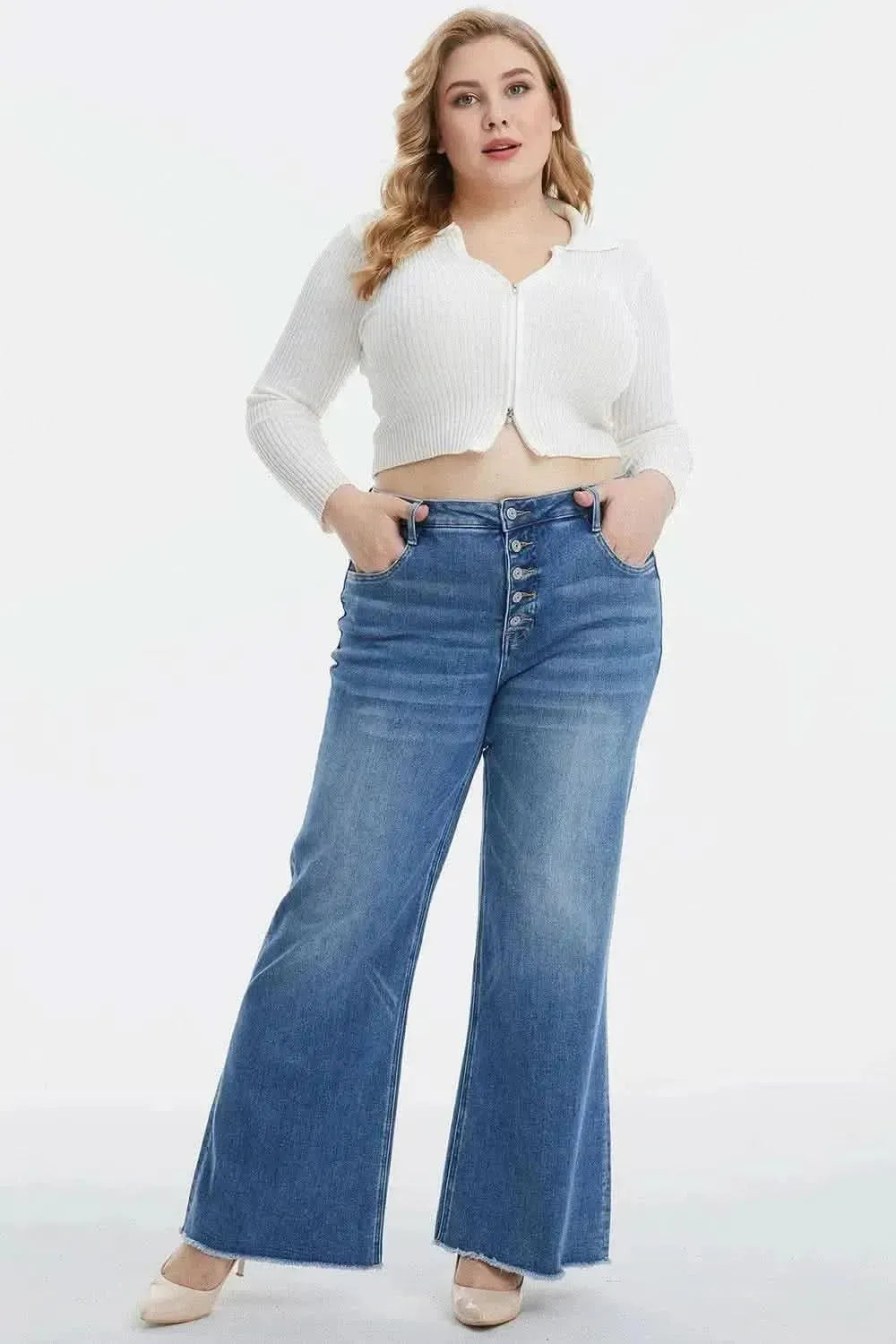 BAYEAS Full Size High Waist Button-Fly Raw Hem Wide Leg Jeans - Bad Moms Club