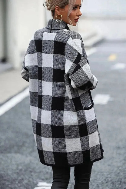 Plaid Dropped Shoulder Cardigan with Pocket - Bad Moms Club