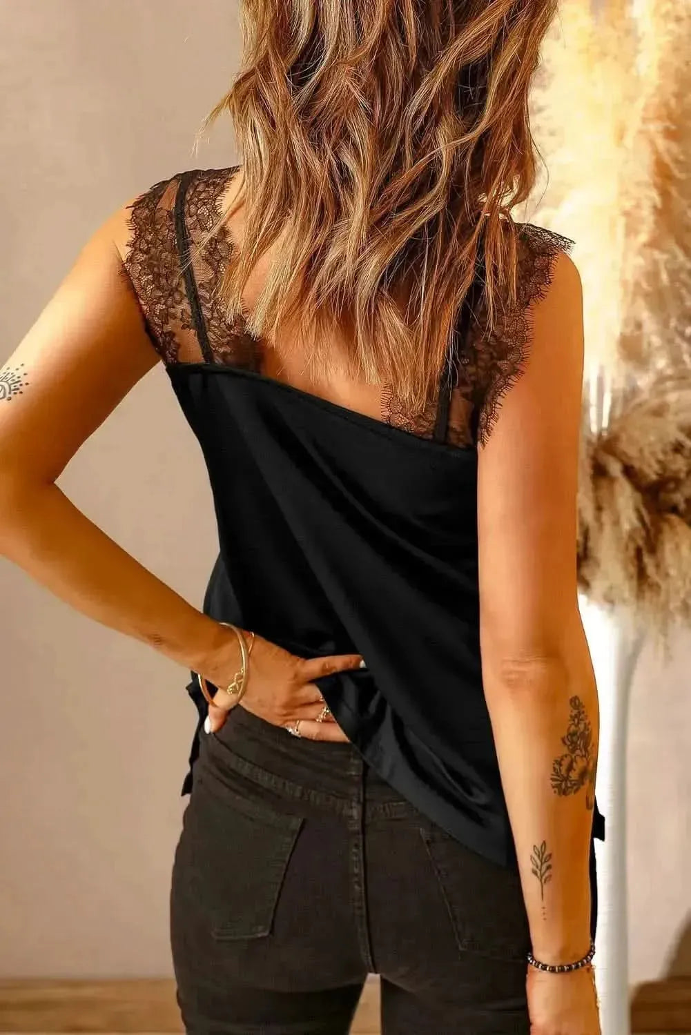 Eyelash Trim Spliced Lace Tank - Bad Moms Club