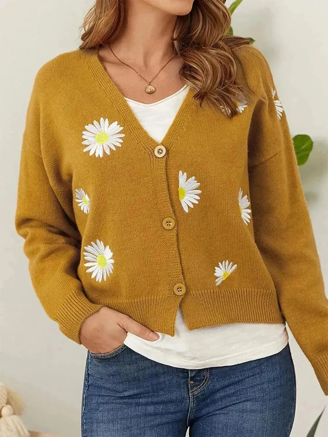 Flower Button Front Dropped Shoulder Cardigan - Bad Moms Club