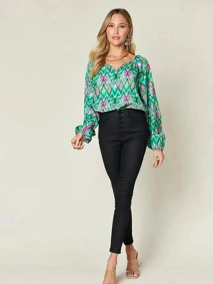 Double Take Full Size Printed Balloon Sleeve Blouse - Bad Moms Club