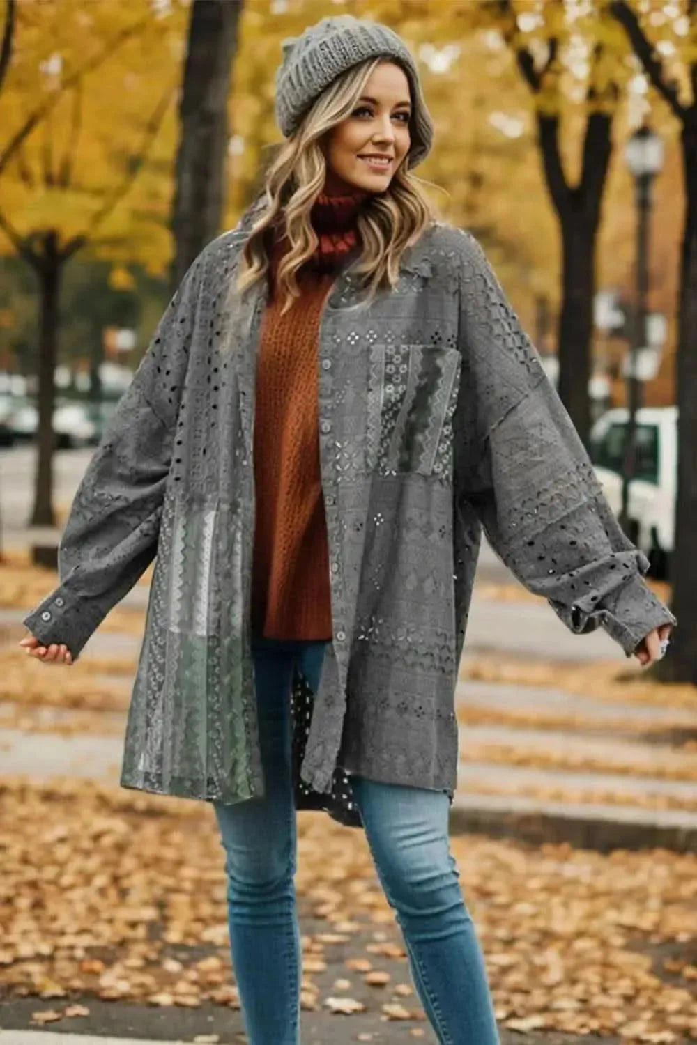 Openwork Button Up Long Sleeve Shacket - Bad Moms Club