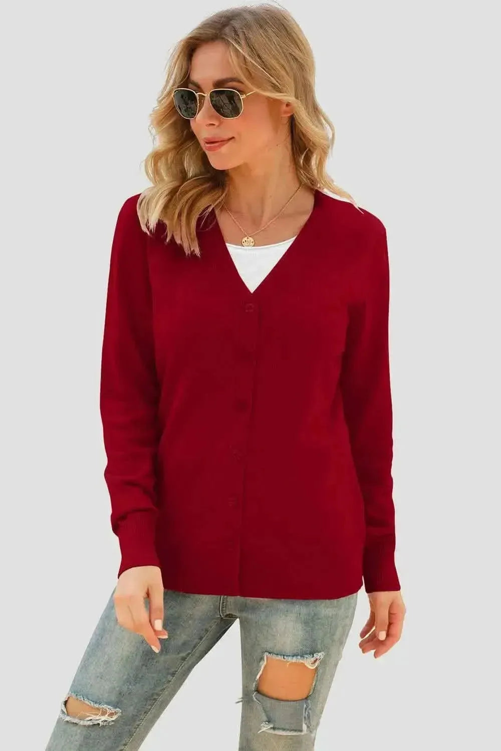 Button Up V-Neck Long Sleeve Cardigan - Bad Moms Club