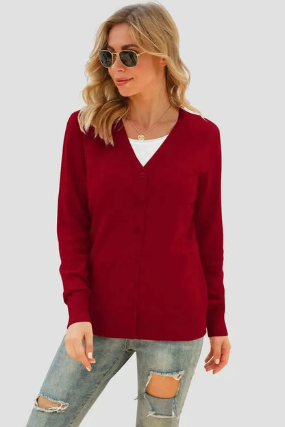 Button Up V-Neck Long Sleeve Cardigan - Bad Moms Club