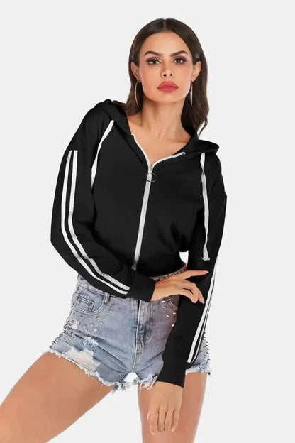 Perfee Side Stripe Drawstring Cropped Hooded Jacket - Bad Moms Club