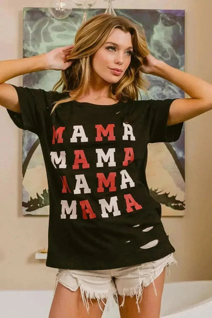 BiBi MAMA Graphic Distressed Short Sleeve T-Shirt - Bad Moms Club
