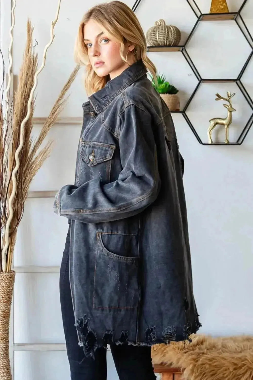 Veveret Button Up Distressed Frayed Hem Denim Jacket - Bad Moms Club