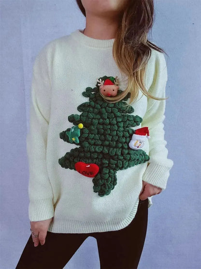 Christmas Tree Round Neck Long Sleeve Sweater - Bad Moms Club