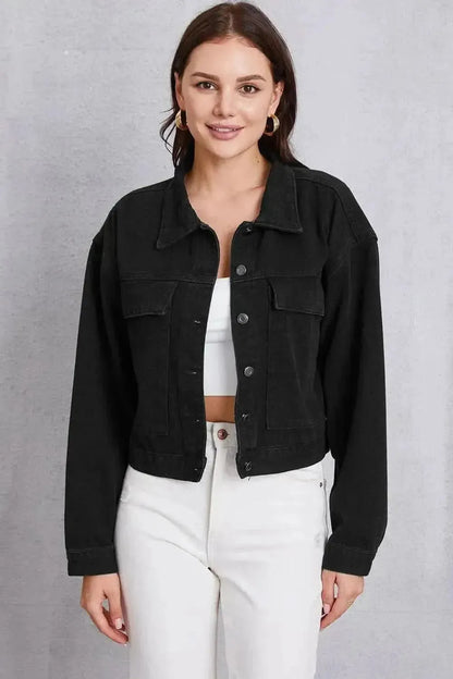 Button Up Dropped Shoulder Denim Jacket - Bad Moms Club