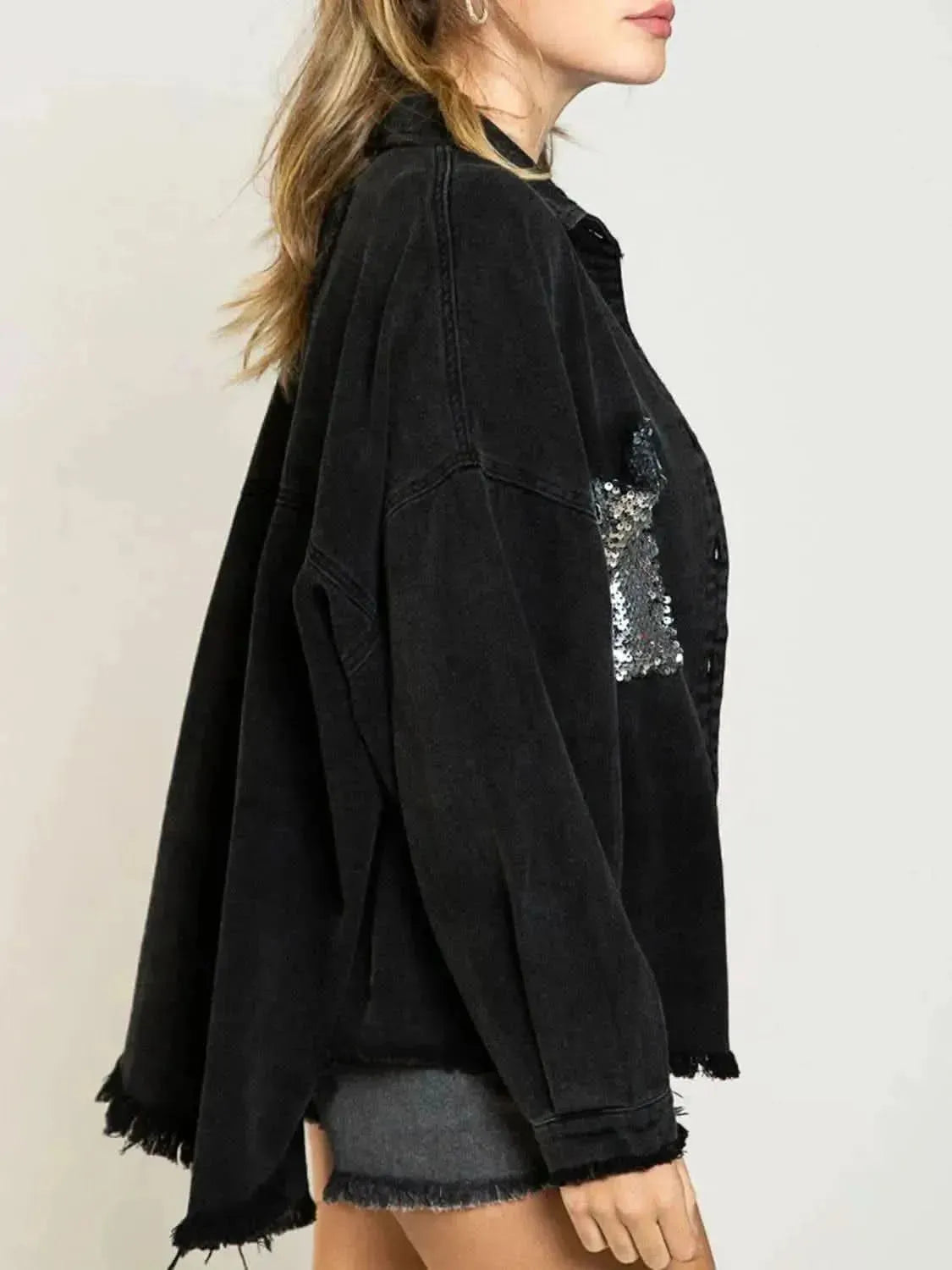 Sequin Detail Long Sleeve Denim Jacket - Bad Moms Club