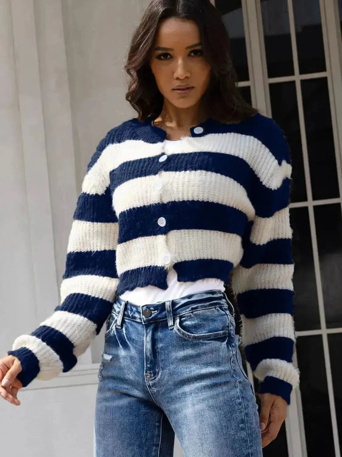 Striped Button Up Dropped Shoulder Cardigan - Bad Moms Club