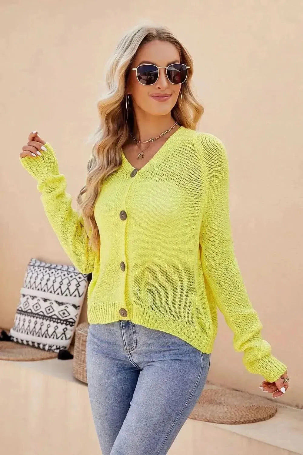 Button Up V-Neck Long Sleeve Cardigan - Bad Moms Club
