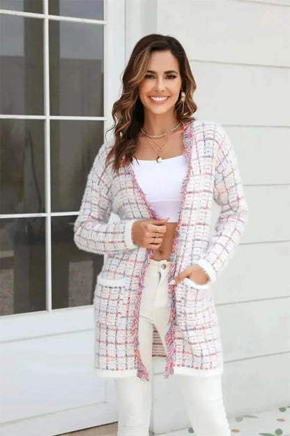 Plaid Fringe Trim Open Front Longline Cardigan - Bad Moms Club