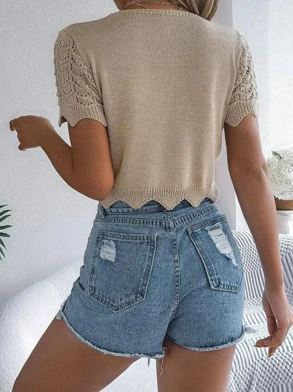 Tied Openwork Short Sleeve Cardigan - Bad Moms Club