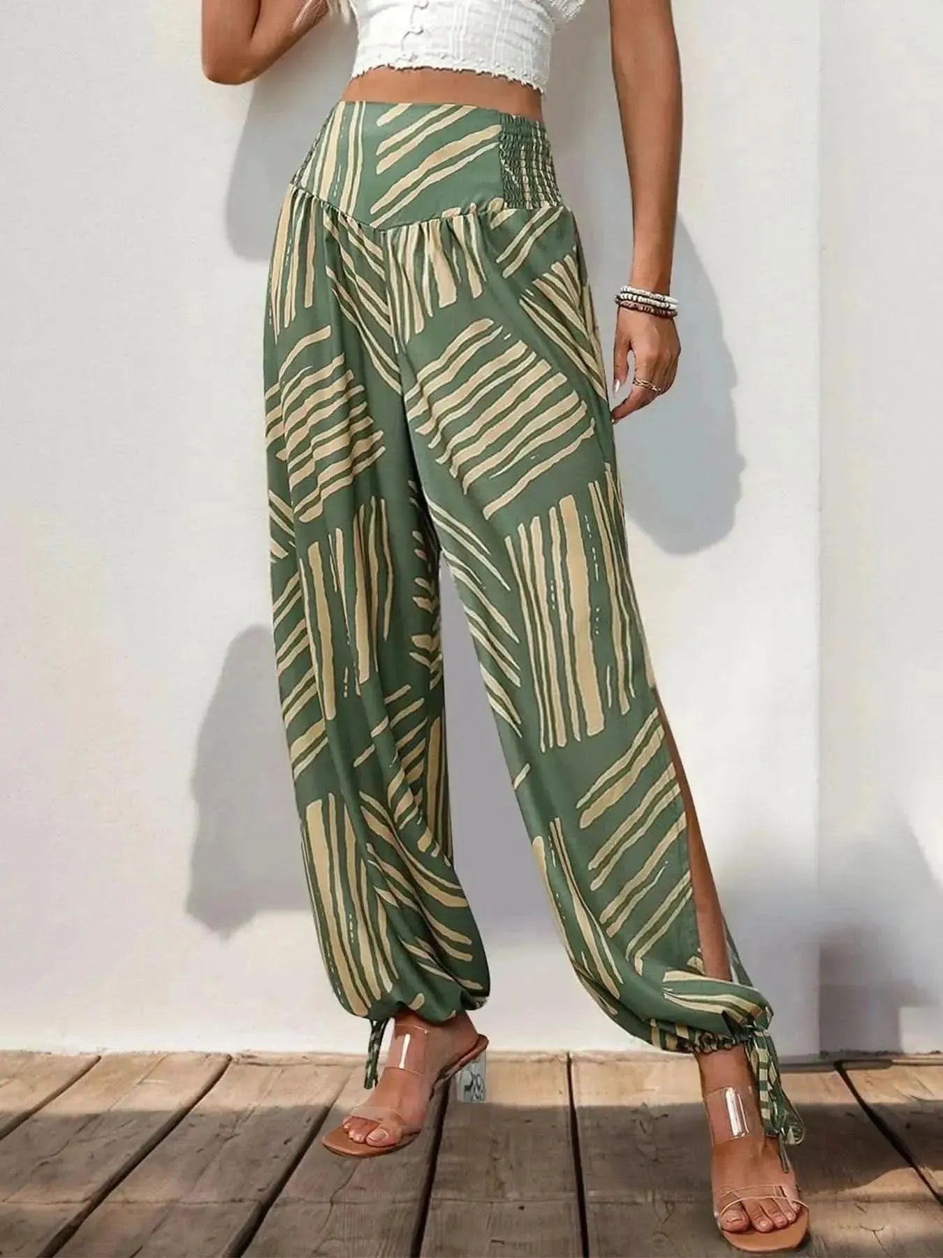 Perfee Smocked Slit Printed High Waist Pants - Bad Moms Club
