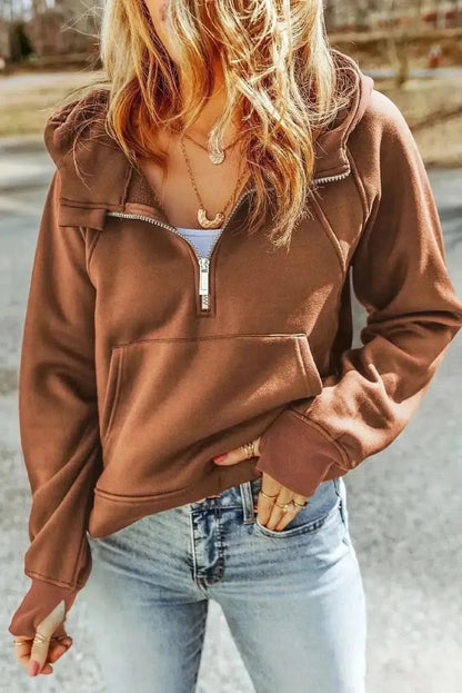 Double Take Half-Zip Thumbhole Sleeve Hoodie - Bad Moms Club