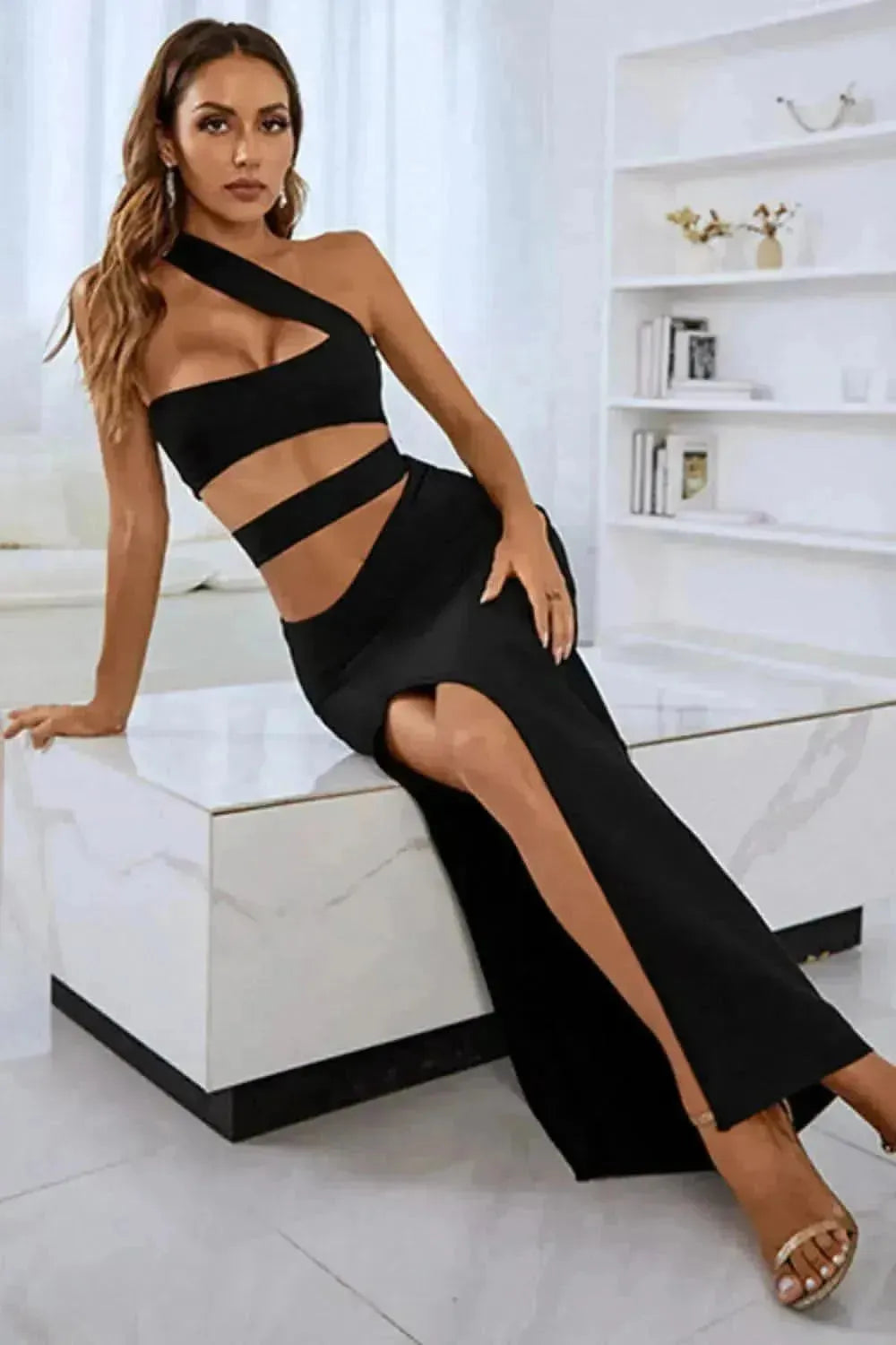One-Shoulder Cutout Front Split Maxi Dress - Bad Moms Club
