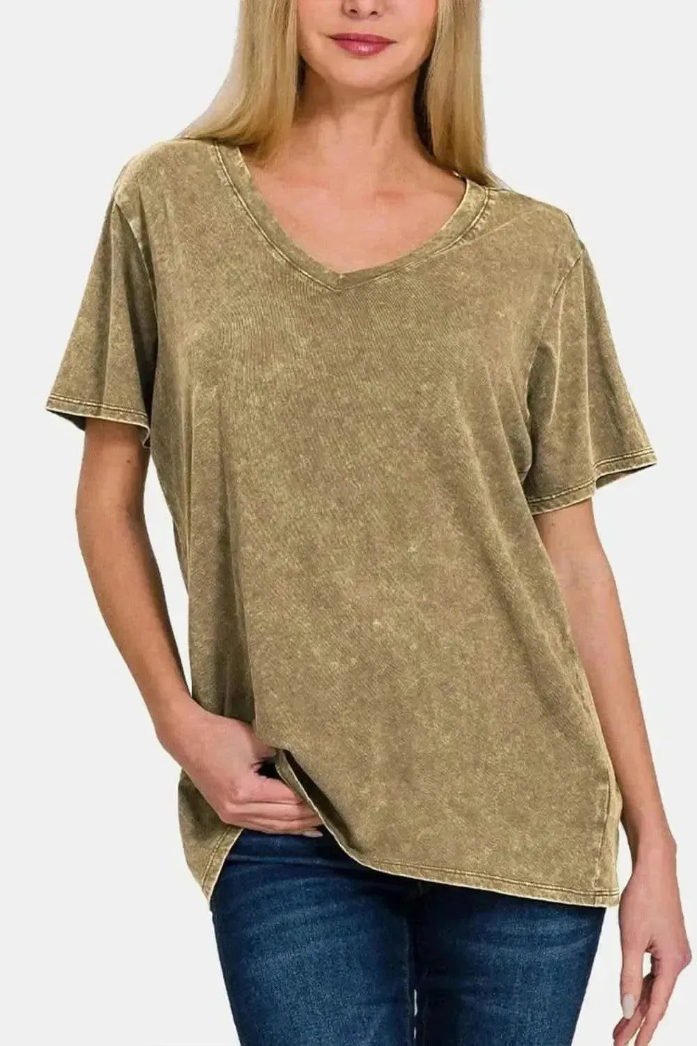 Zenana Washed Short Sleeve V-Neck T-Shirt - Bad Moms Club