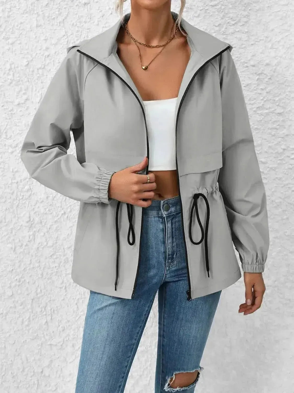 Drawstring Zip Up Hooded Jacket - Bad Moms Club