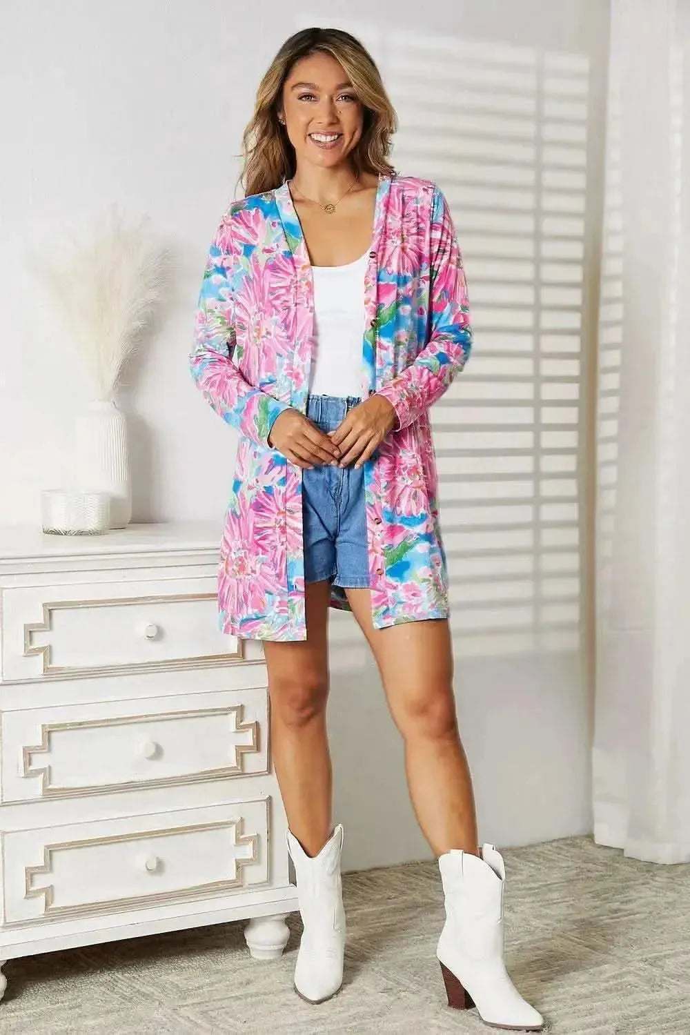 Double Take Floral Open Front Long Sleeve Cardigan - Bad Moms Club