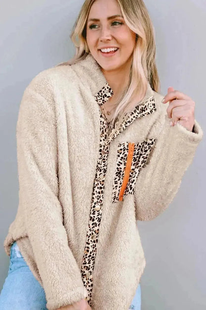 Leopard Snap Down Pocketed Collared Neck Jacket - Bad Moms Club