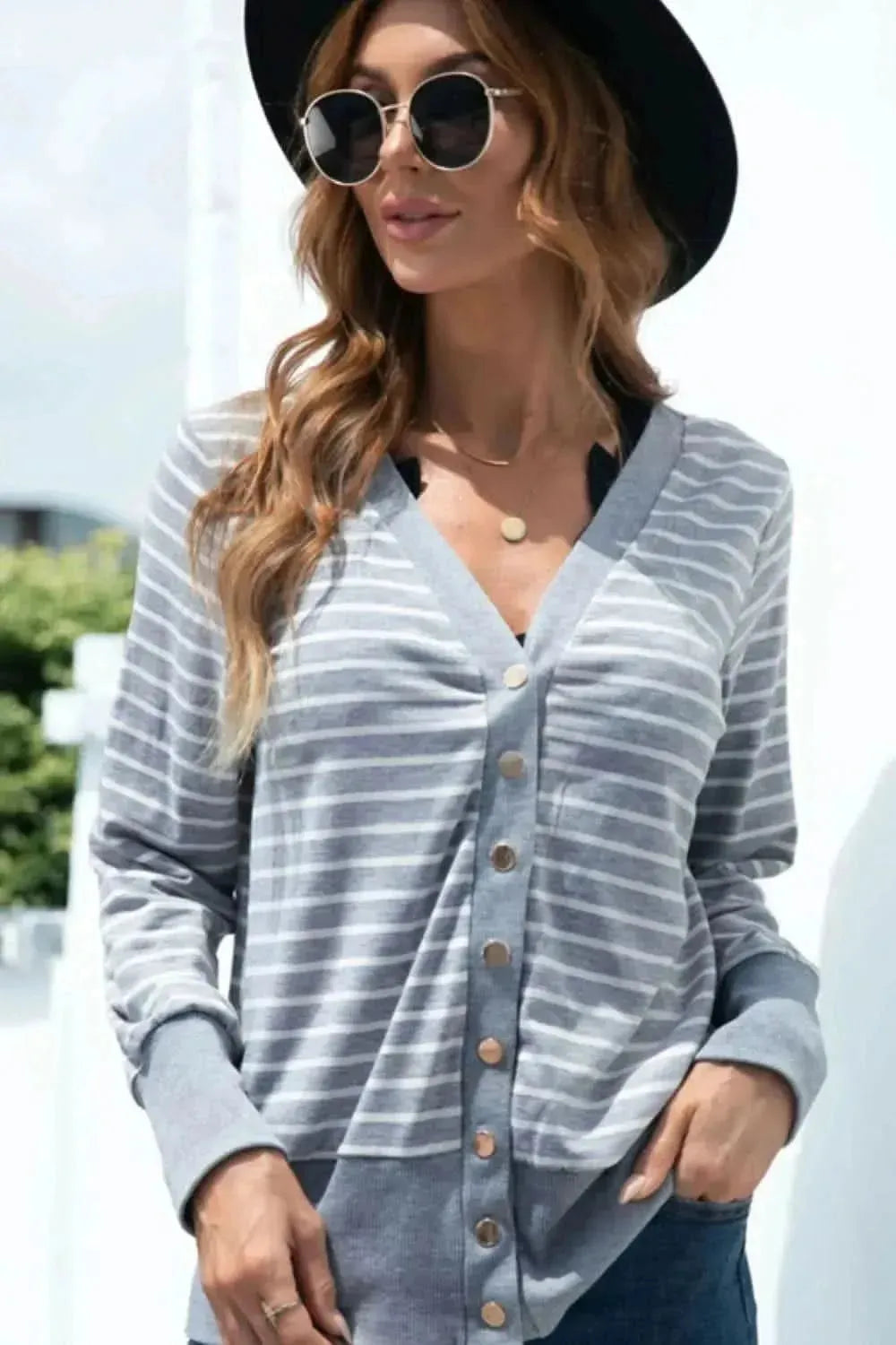 Striped Snap Down Long Sleeve Cardigan - Bad Moms Club