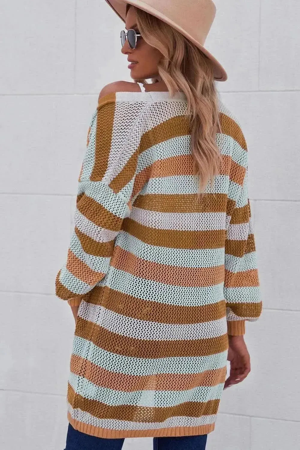 Full Size Striped Long Sleeve Openwork Cardigan - Bad Moms Club