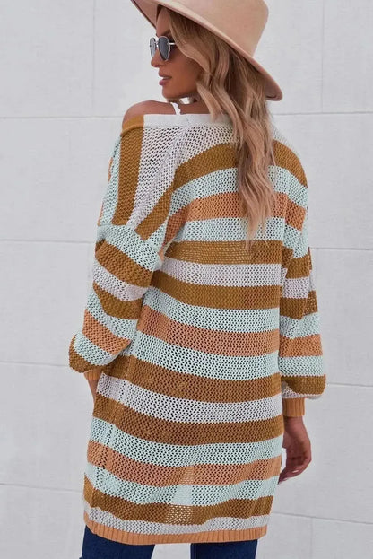 Full Size Striped Long Sleeve Openwork Cardigan - Bad Moms Club