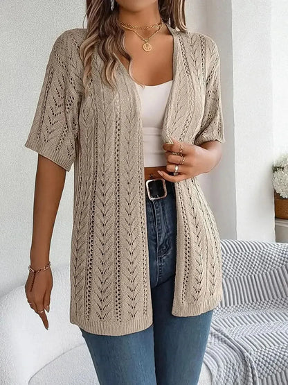 Openwork Open Front Half Sleeve Cardigan - Bad Moms Club