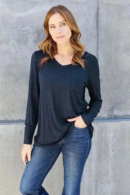 Basic Bae Full Size V-Neck Long Sleeve Top - Bad Moms Club