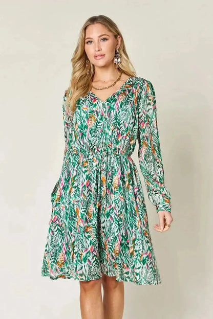 Double Take Full Size Printed Drawstring Waist Long Sleeve Dress - Bad Moms Club