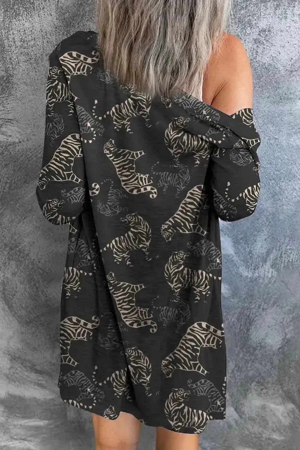 Tiger Print Button Up Long Sleeve Cardigan - Bad Moms Club