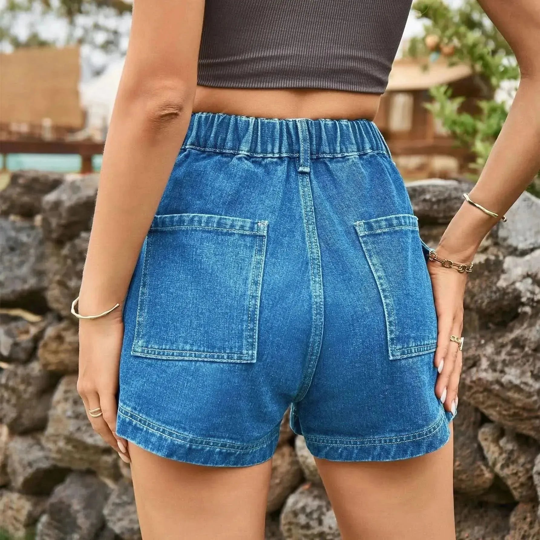 High-Waist Denim Shorts with Pockets - Bad Moms Club