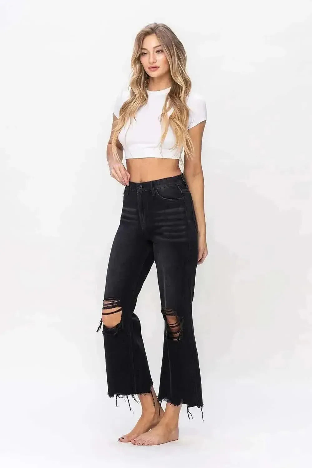 Vervet by Flying Monkey Vintage Ultra High Waist Distressed Crop Flare Jeans - Bad Moms Club
