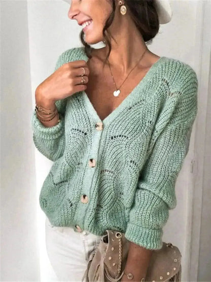Openwork Button Up Long Sleeve Cardigan - Bad Moms Club